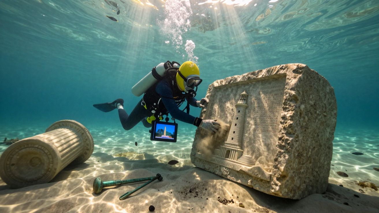 Mergulhador explora ruínas submarinas com coluna e pedra entalhada de farol em ambiente marinho claro.