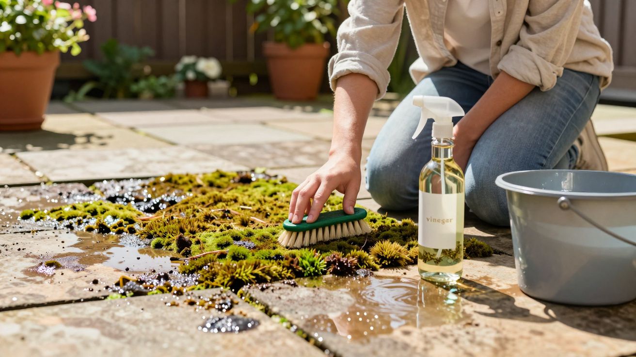 Pessoa limpando musgo do chão de pedra com escova, vinagre e balde.
