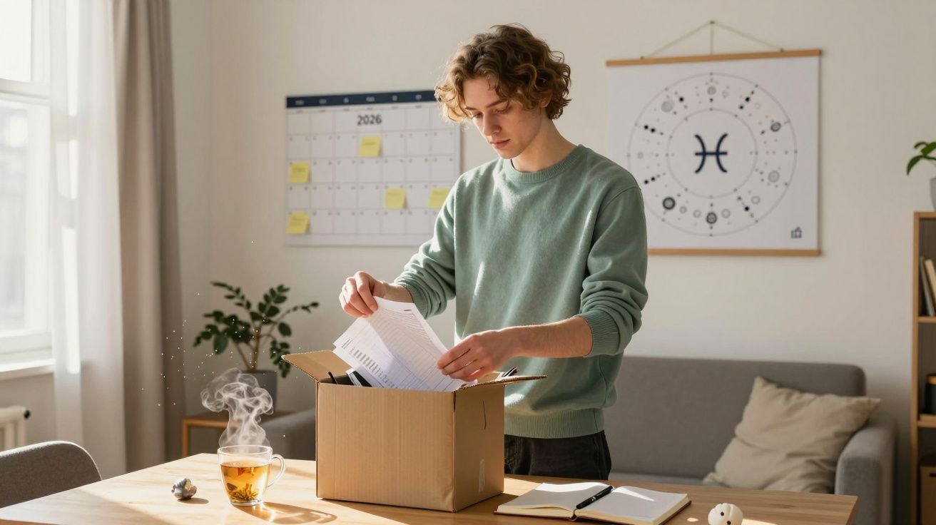 Jovem desempacotando papéis de uma caixa de papelão em uma sala iluminada com calendário e mapa astral na parede.