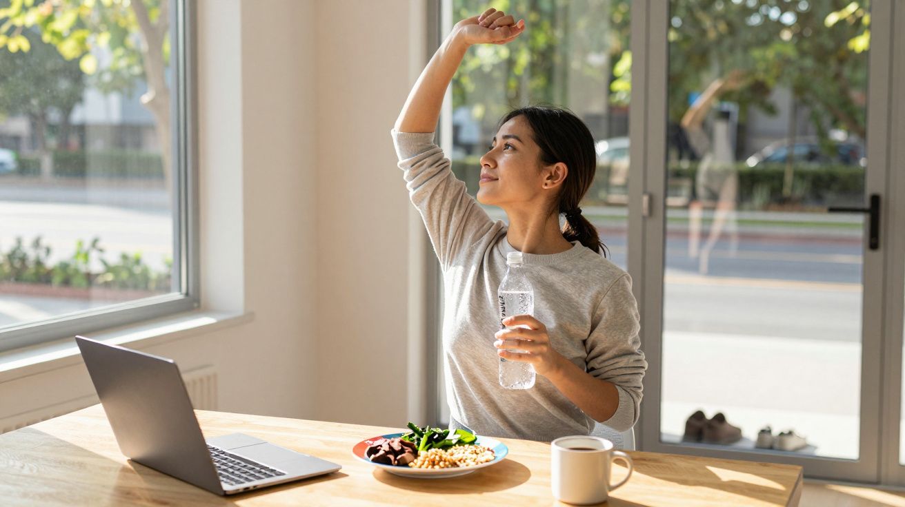Mulher fazendo alongamento sentado à mesa com laptop, prato de comida e garrafa de água.
