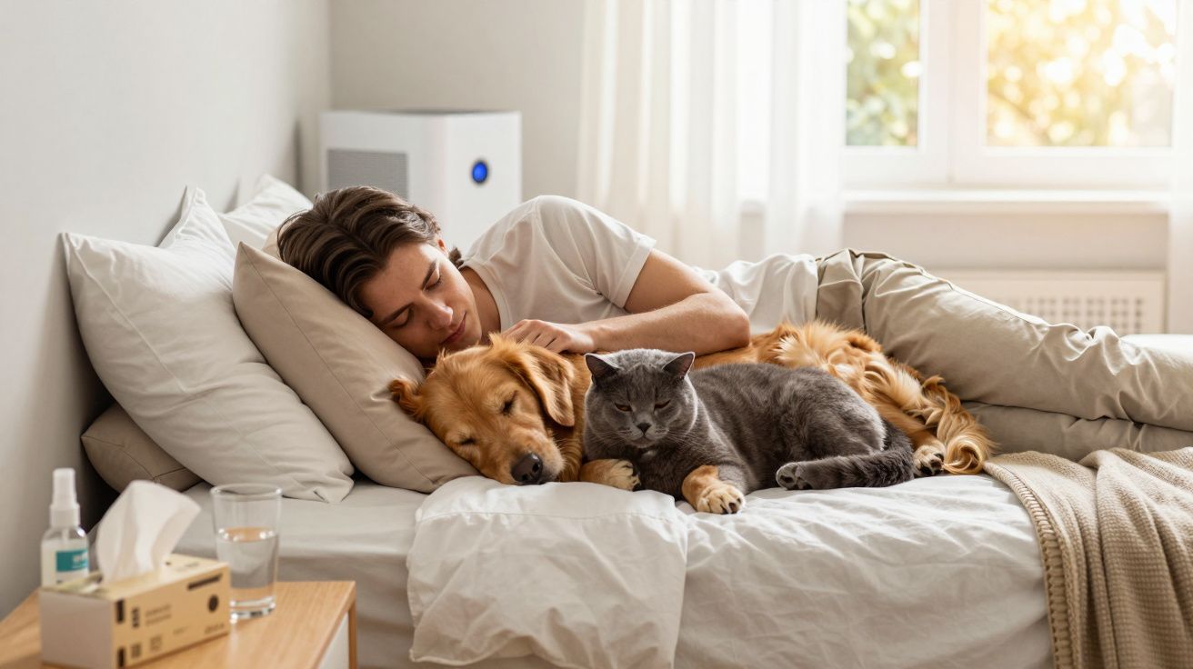 Homem deitado na cama abraçando cachorro e gato, com luz natural entrando pela janela ao fundo.