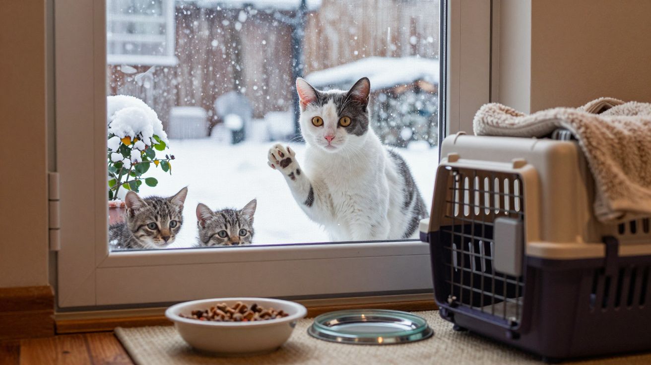 Dois filhotes de gato e um gato adulto olhando pela janela com neve do lado de fora, próximo a pote de ração e caixa de trans