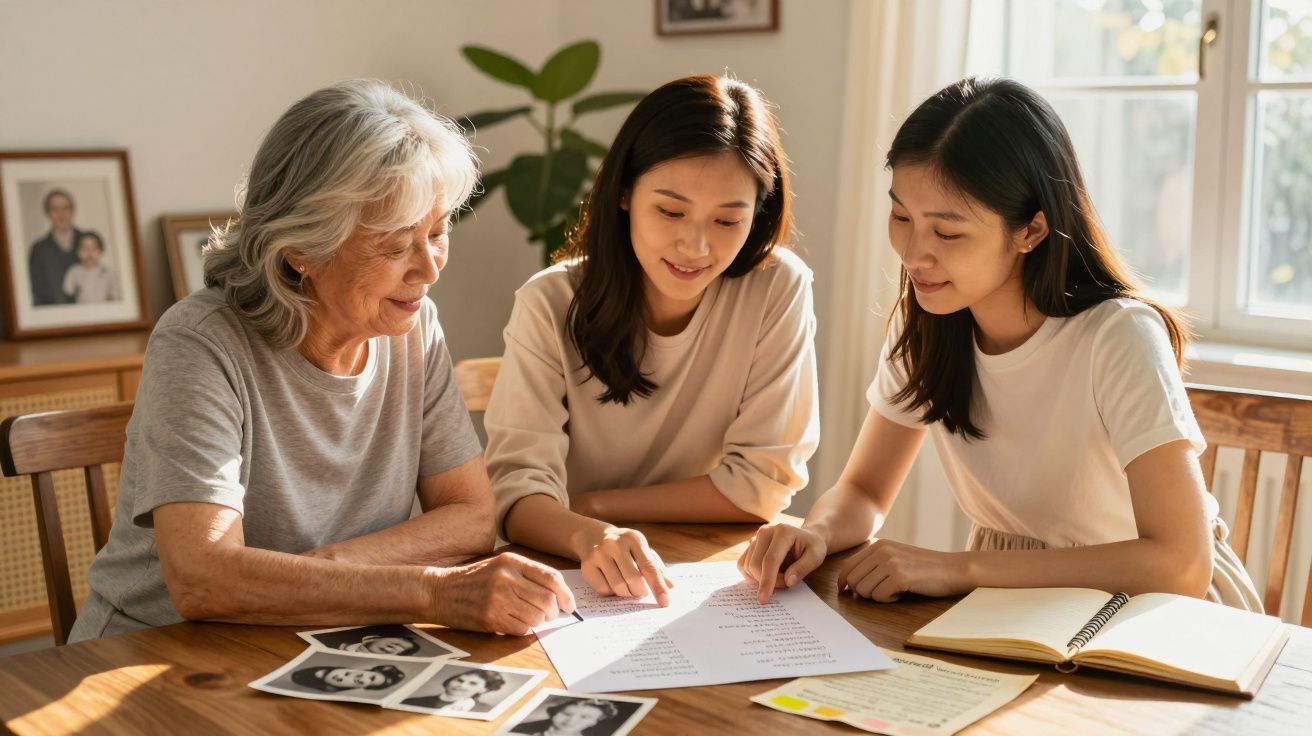 Três mulheres de diferentes gerações analisando documentos e fotos antigas em uma mesa iluminada.