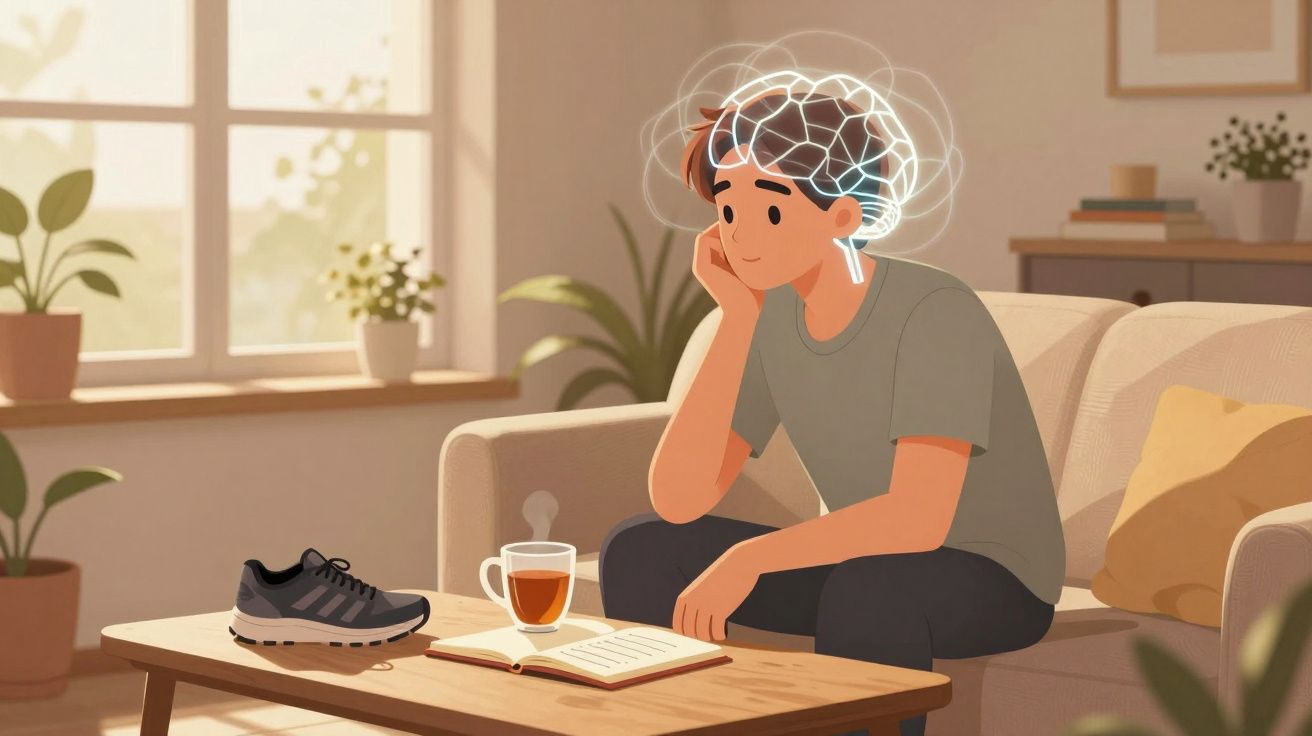 Pessoa sentada no sofá pensando, com ilustração de cérebro iluminado acima da cabeça.