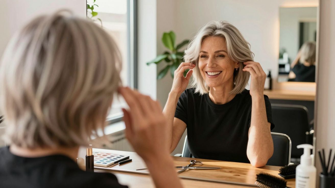 Mulher madura sorridente arrumando o cabelo na frente do espelho em ambiente iluminado e acolhedor.