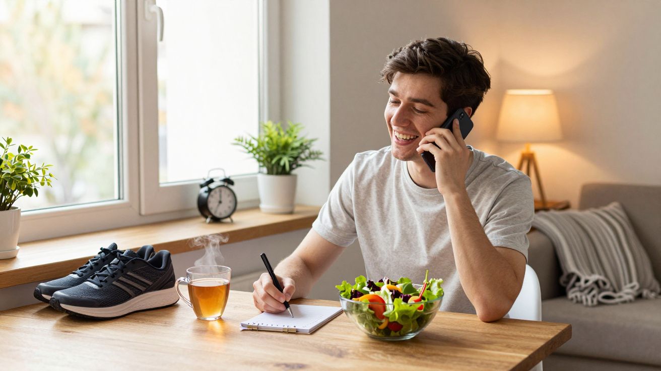 Homem sorridente falando ao celular enquanto escreve e come salada em cozinha moderna.