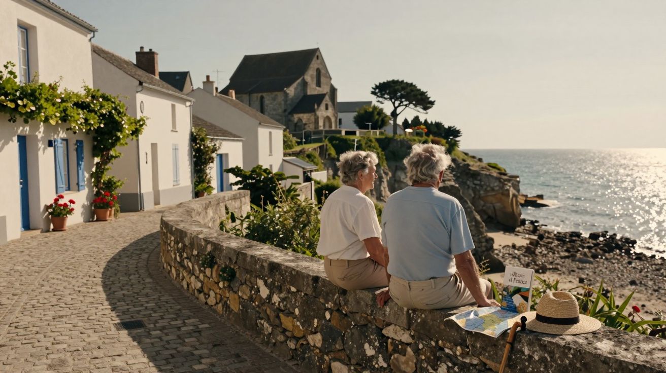 Casal idoso sentado em muro de pedra com vista para o mar, ao lado de casas brancas e igreja antiga.