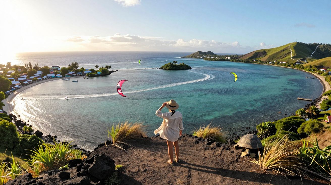 Pessoa com chapéu observa lagoa com kitesurf e colina verde ao fundo em dia ensolarado.