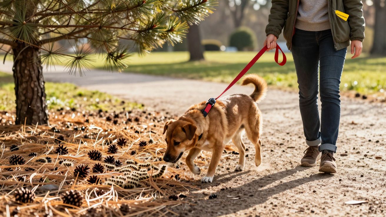 Pessoa caminhando com cachorro em coleira em parque com pinhas e folhas secas no chão.