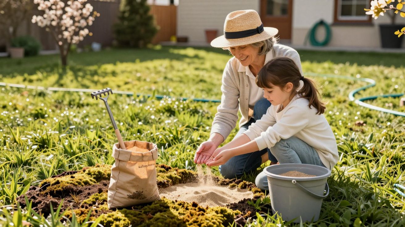 Mulher e menina plantando sementes em jardim ensolarado, com regador e saco de terra ao lado.