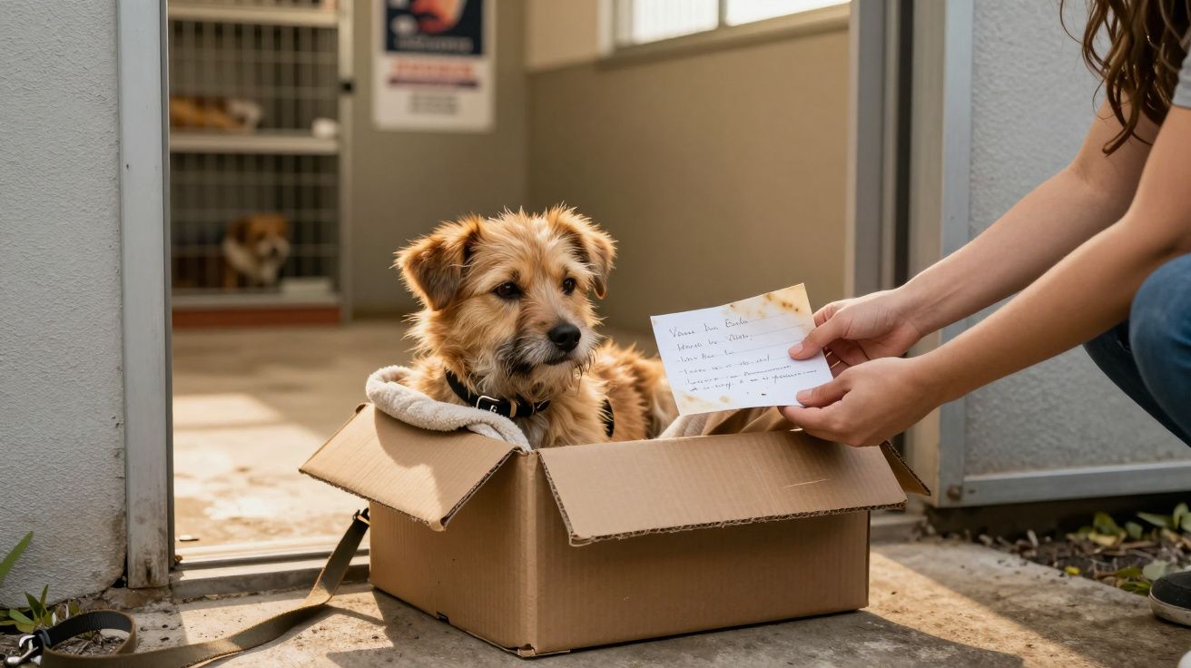Cachorro sentado em caixa de papelão enquanto pessoa segura uma carta em abrigo de animais.