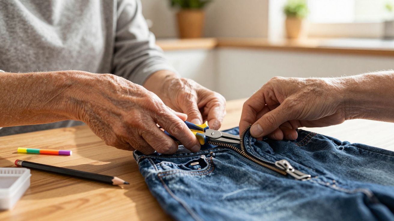 Mãos de idosos consertando zíper de peça jeans sobre mesa de madeira clara em ambiente interno.