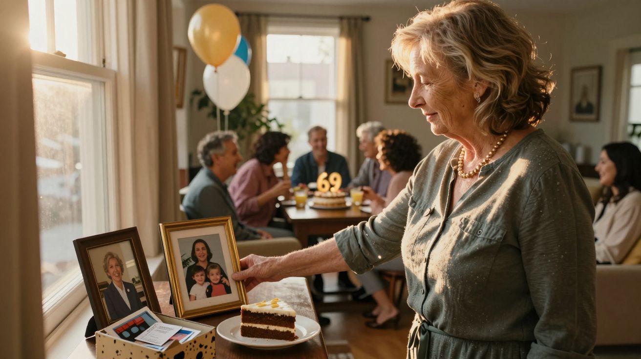 Mulher idosa segura porta-retrato durante festa de aniversário com bolo e balões ao fundo.