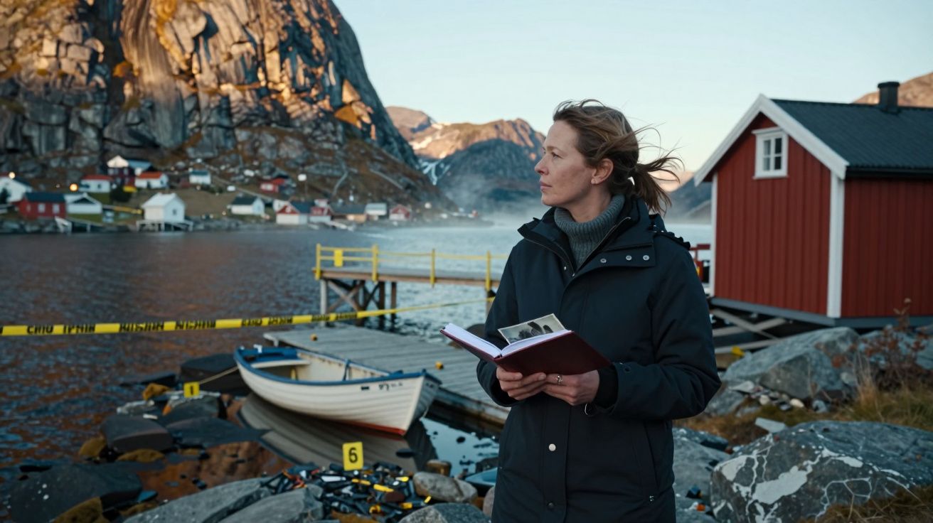 Mulher de casaco escuro segura caderno em porto com barco, cabana vermelha e montanhas ao fundo.