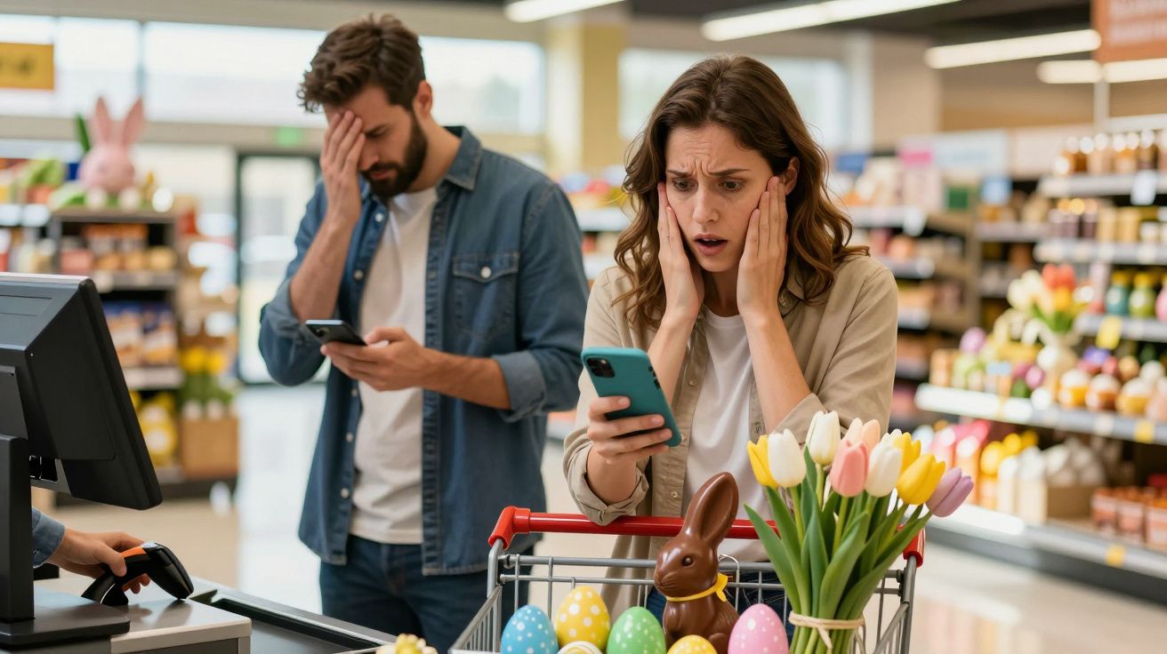 Casal no supermercado com expressão de preocupação olhando para celular, carrinho com ovos e chocolate pascal.