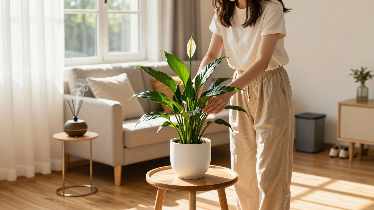 Pessoa cuidando de planta em vaso branco sobre mesa redonda em sala iluminada pelo sol.