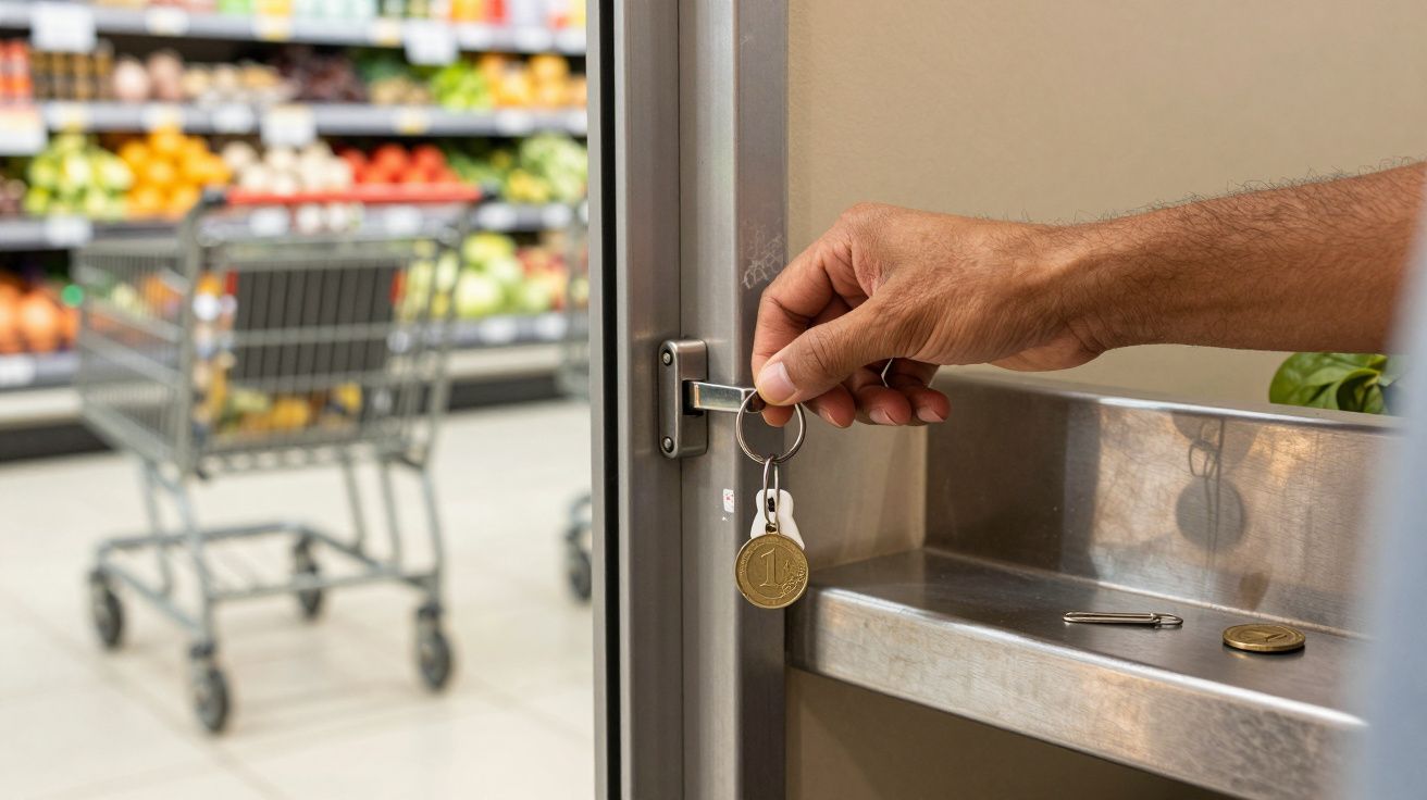 Mão masculina inserindo moeda em chave para liberar carrinho de compras em supermercado.