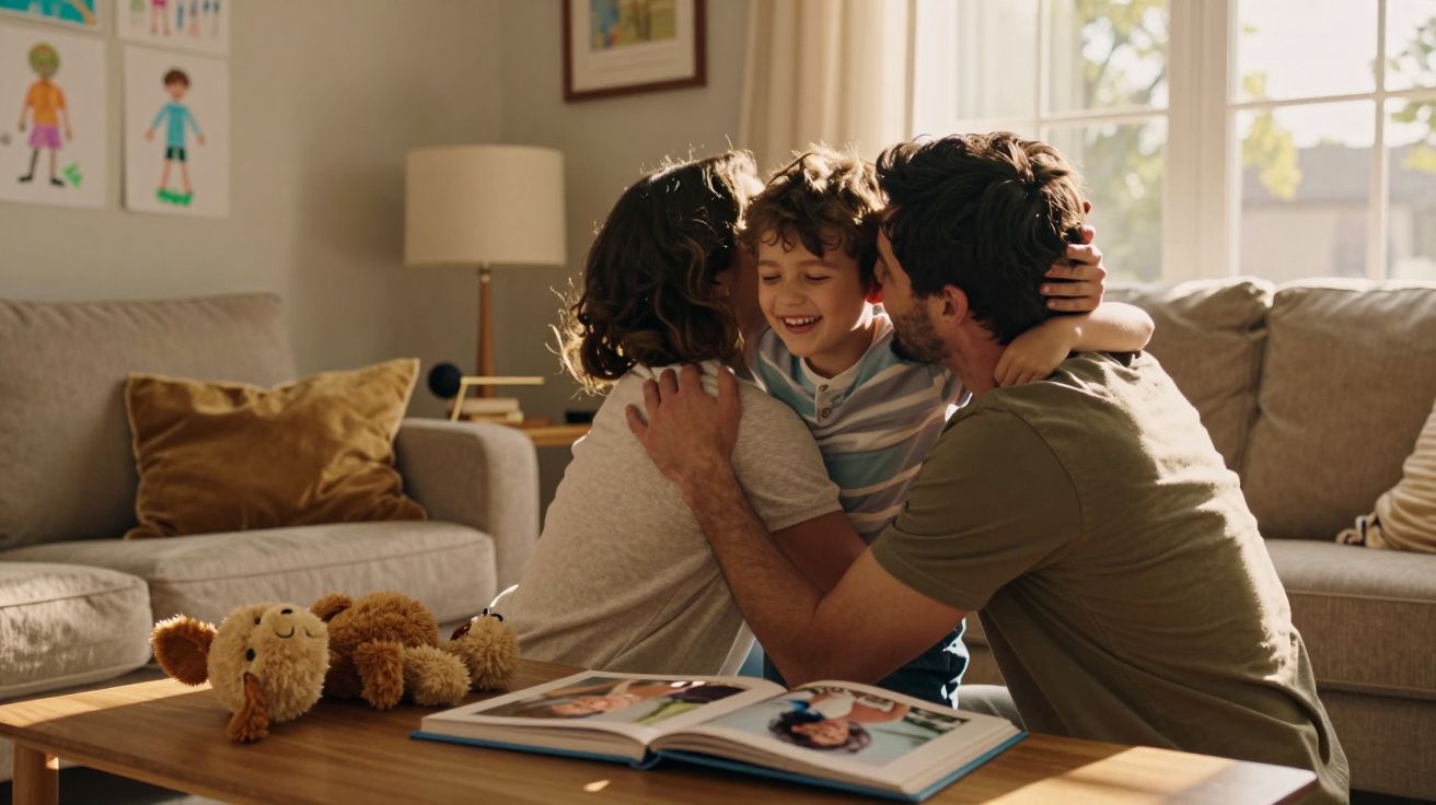 Família feliz abraçando-se na sala iluminada, com ursinho e álbum de fotos na mesa à frente.