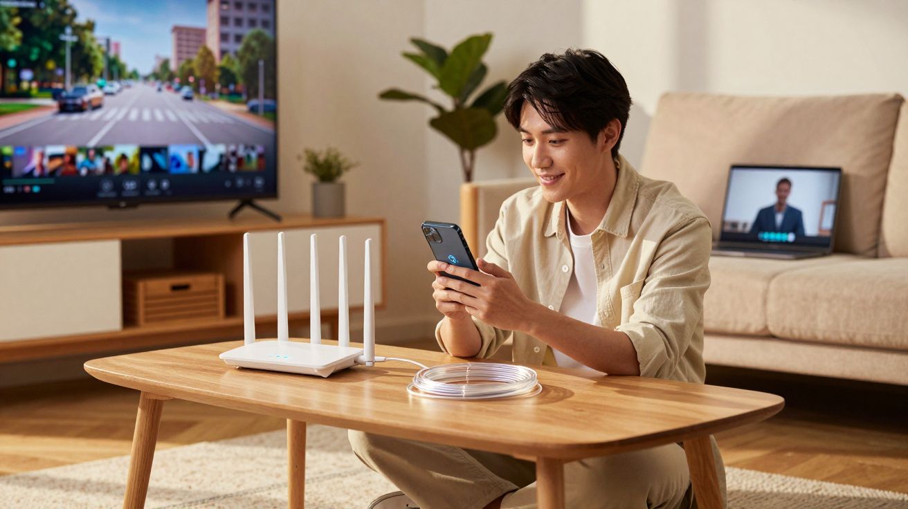 Jovem sentado no chão da sala configurando roteador Wi-Fi com celular à frente de mesa de madeira.