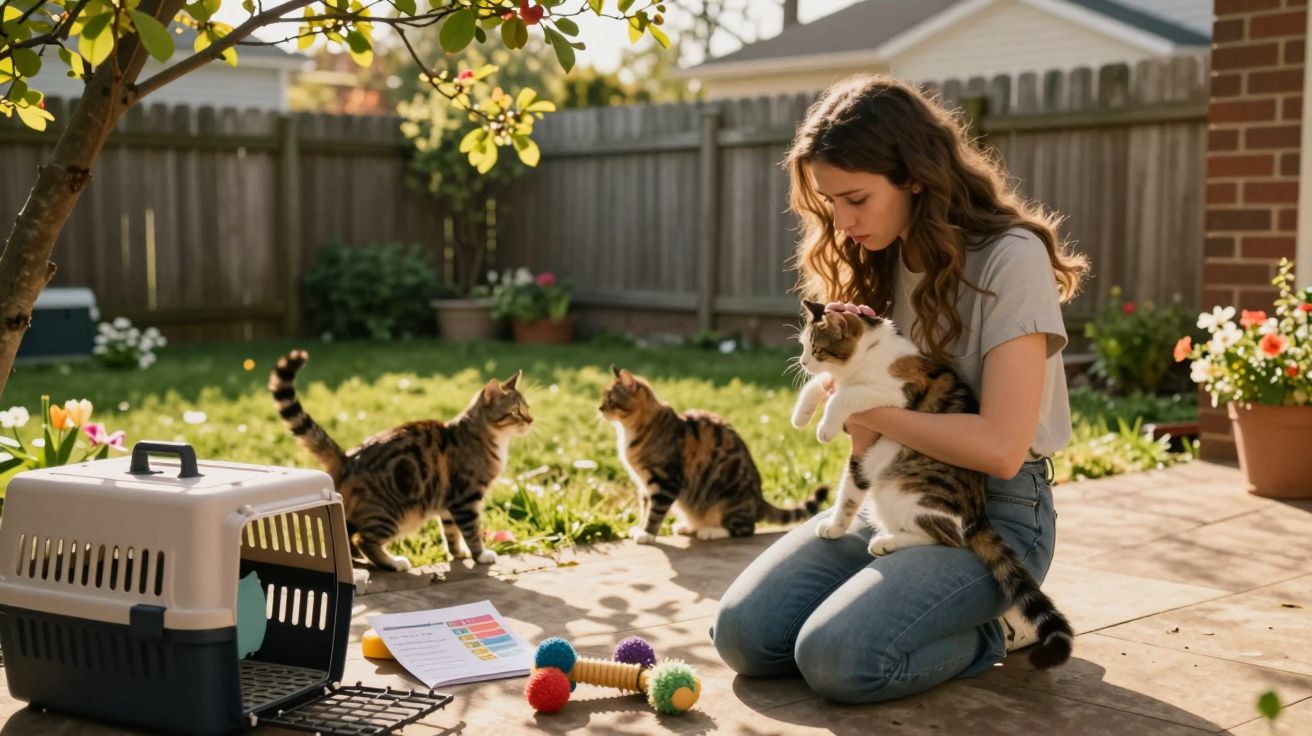 Jovem acaricia gato enquanto outros dois ficam ao redor no quintal com brinquedos e caixa de transporte.