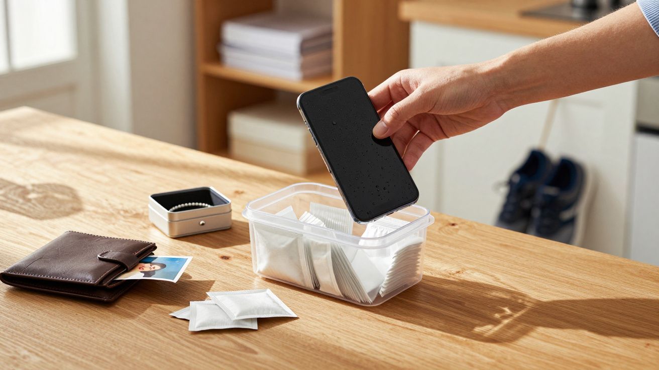 Pessoa segurando celular molhado sobre recipiente com sachês absorventes para secar aparelho em mesa de madeira.