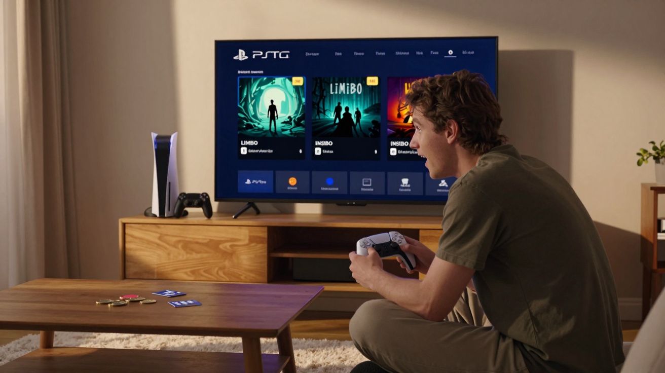 Jovem sentado no chão jogando videogame em um console PlayStation com tela exibindo jogos.