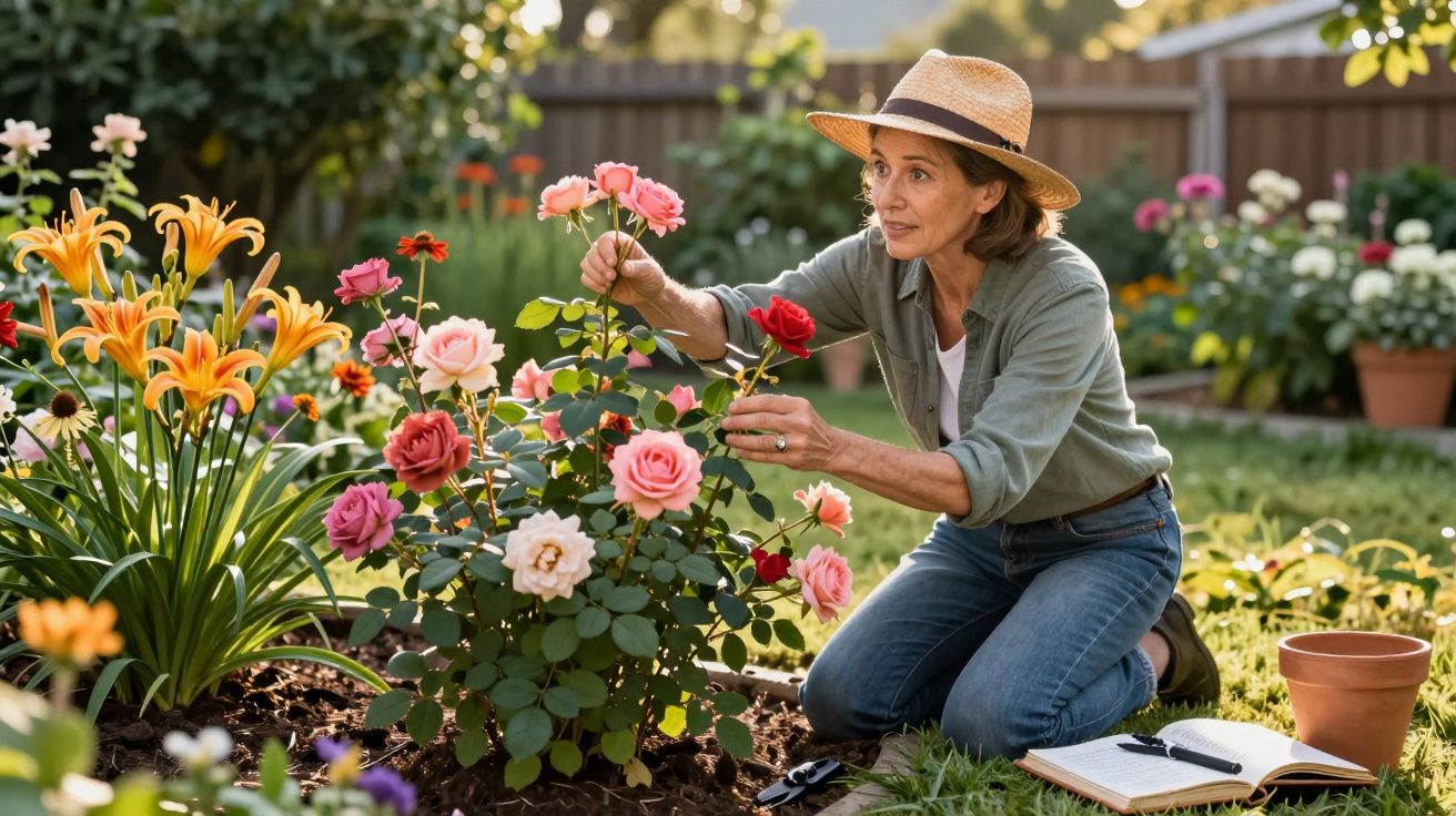 Mulher com chapéu cuidando de rosas coloridas em jardim ensolarado, com regador e caderno ao lado.