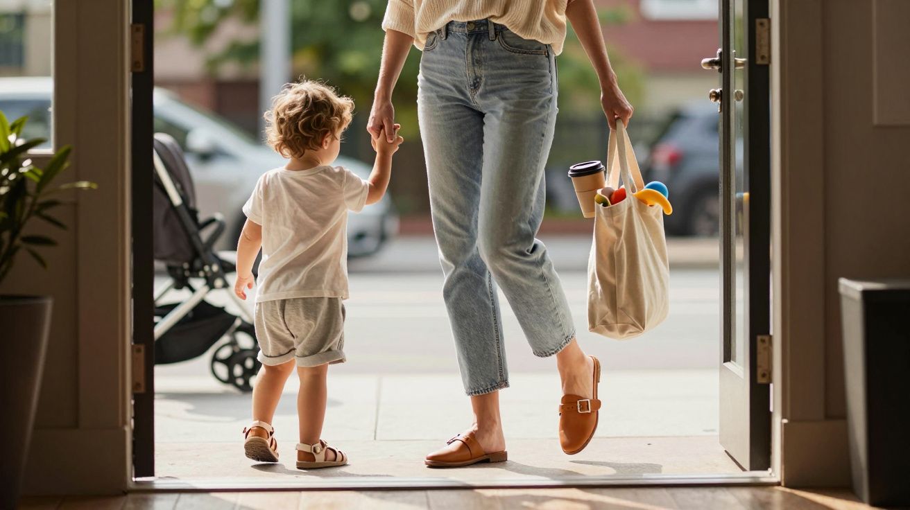 Adulto e criança saindo de casa, criança de mão dada com o adulto que carrega sacola com frutas e café.