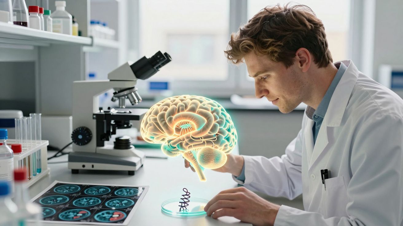 Cientista analisando cérebro holográfico em laboratório com microscópio e exames de imagem cerebral ao lado.