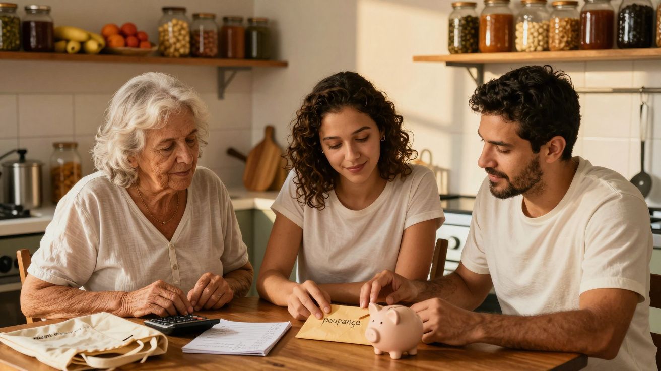 Três pessoas em volta de mesa na cozinha, contando dinheiro e usando um cofrinho rosa para economizar.