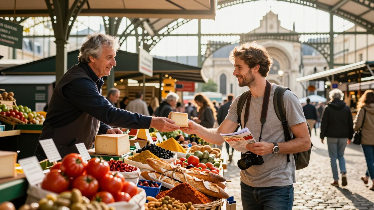 Homem comprando queijo em feira ao ar livre com barracas de frutas e pão ao redor.