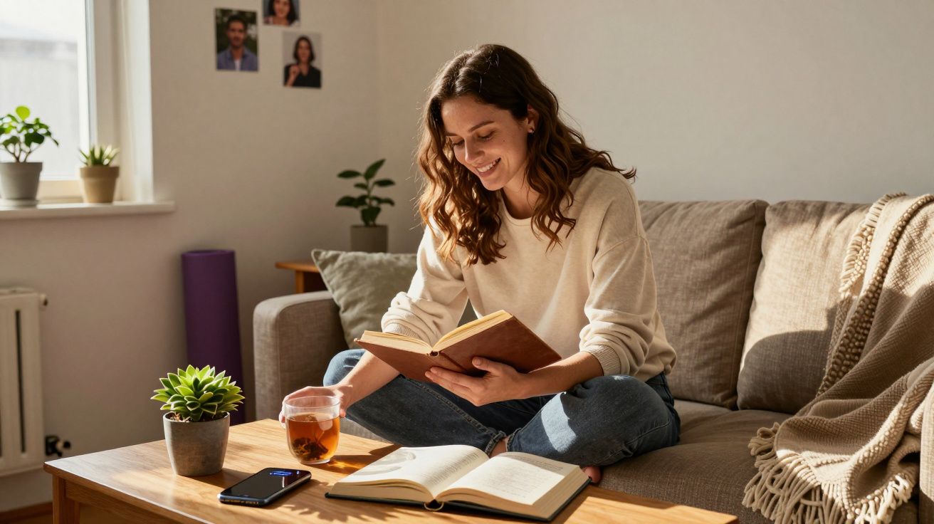 Mulher sorridente sentada no sofá lendo livro com chá e celular sobre mesa de madeira.