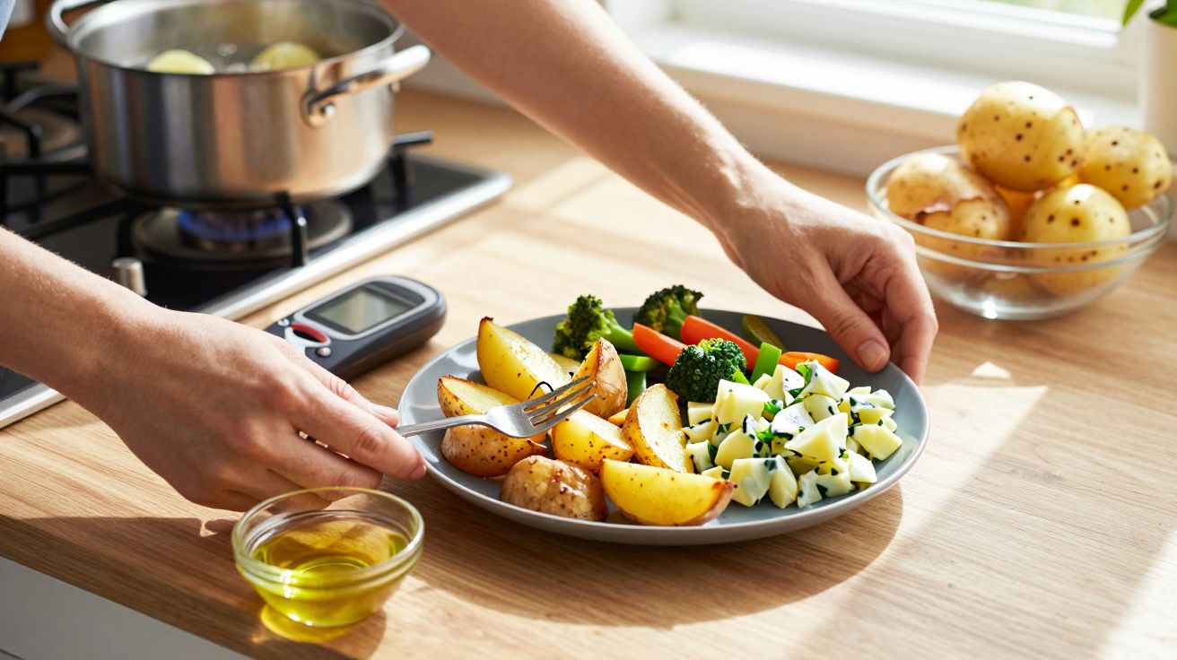 Pessoa preparando prato com batatas, legumes cozidos e ovo picado na cozinha iluminada pela luz natural.