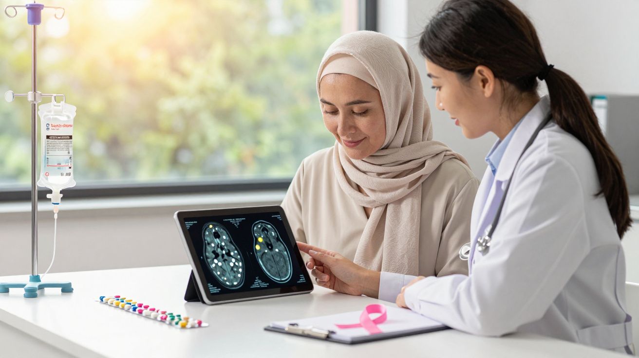 Médica apresenta exames cerebrais em tablet para paciente com lenço na cabeça em consultório iluminado.