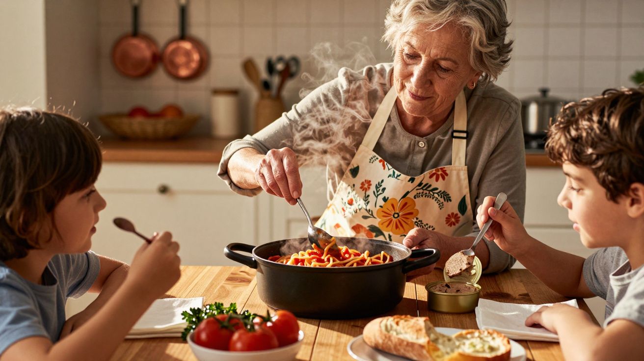 Idosa servindo macarrão para duas crianças em mesa com pão, tomate e comida enlatada na cozinha.