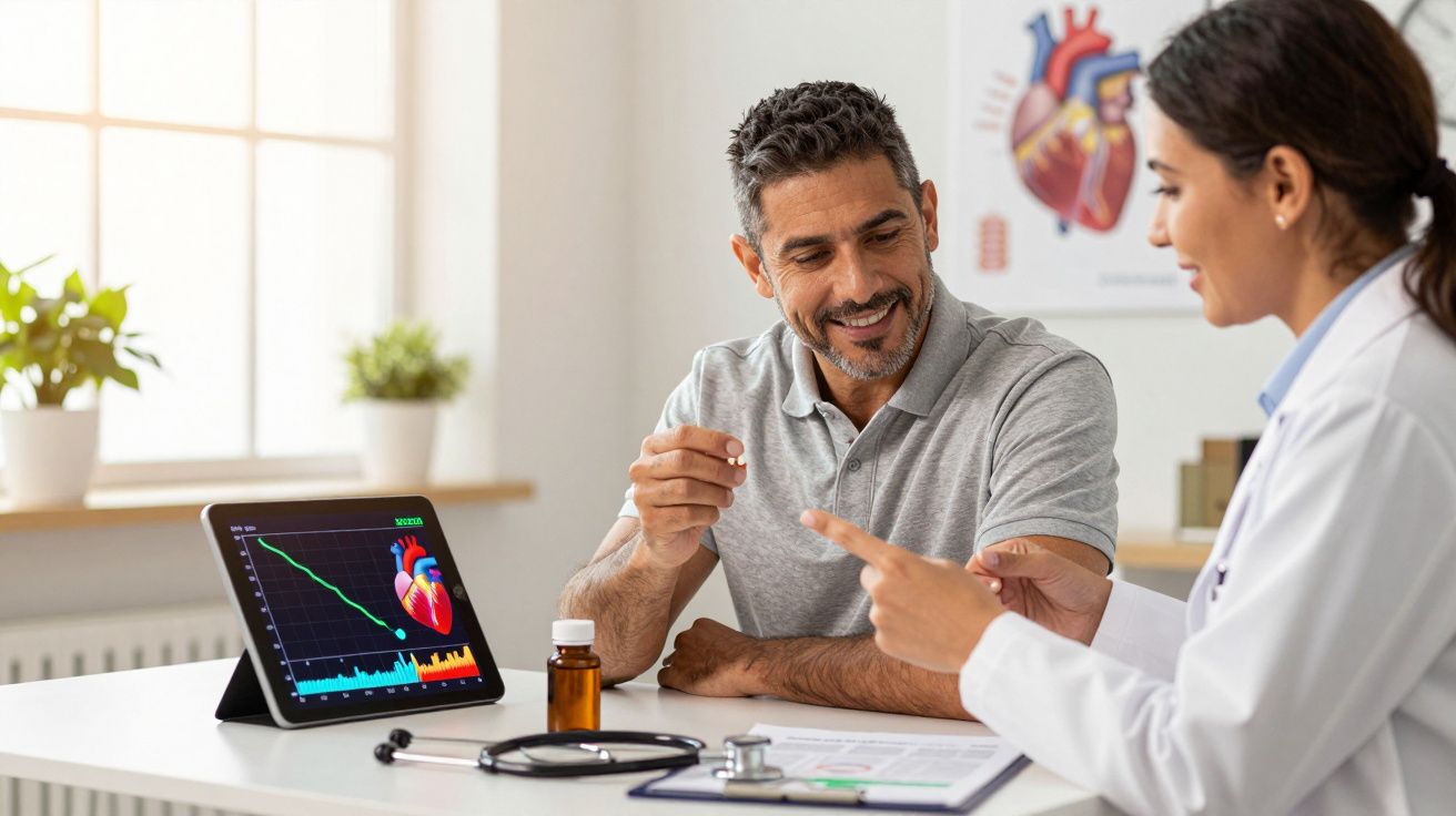 Paciente sorri conversando com médica sobre saúde do coração, com gráfico no tablet e remédio na mesa.