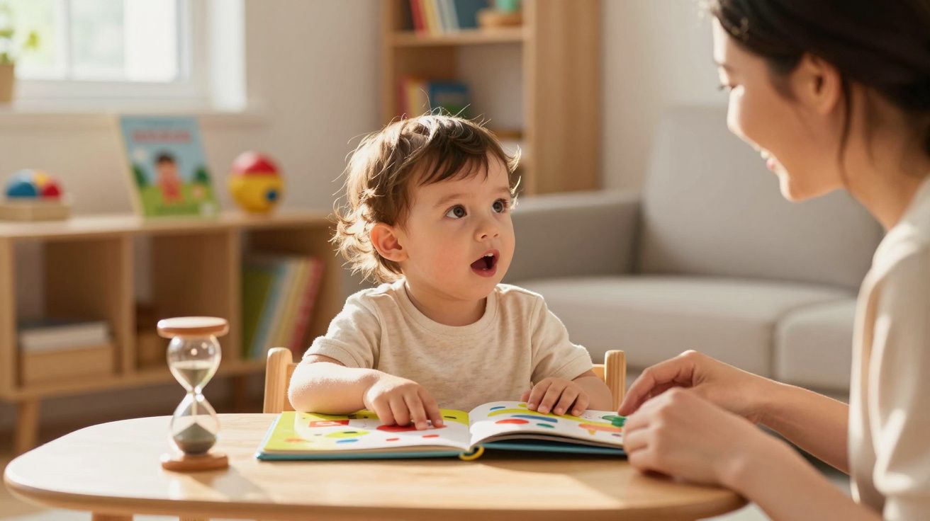 Criança pequena sentada à mesa ouvindo adulta, com livro aberto colorido na frente e ampulheta ao lado.