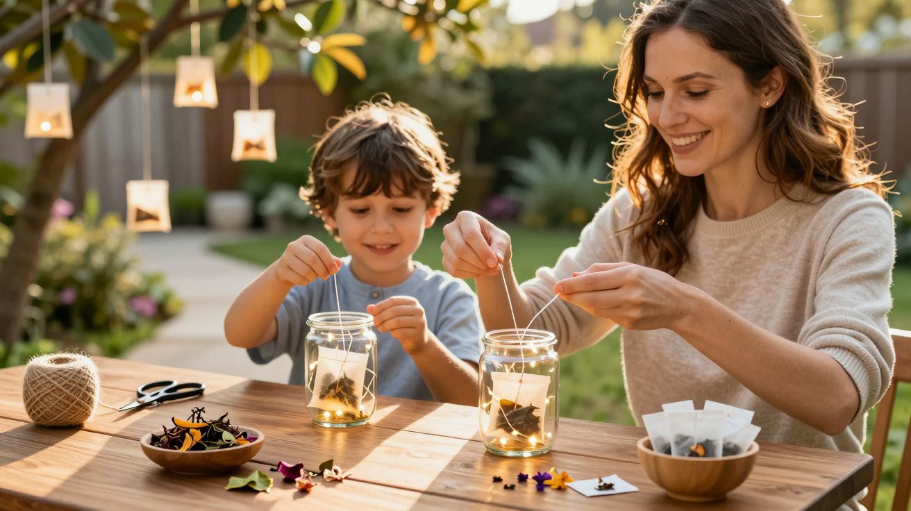 Mulher e menino sorrindo decoram potes de vidro com velas e flores em mesa ao ar livre.