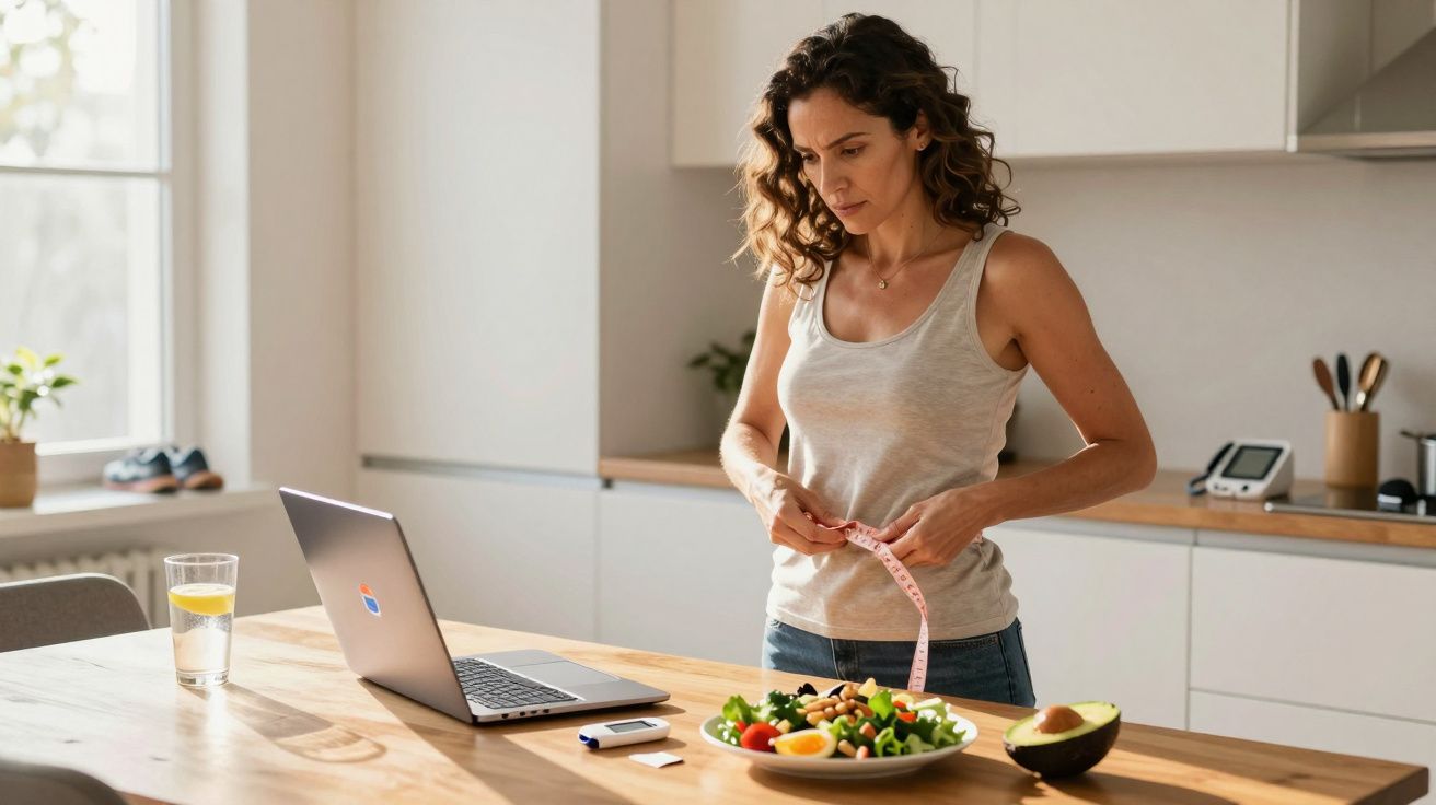 Mulher medindo cintura com fita métrica em cozinha, com prato de salada, abacate e copo d'água à frente.