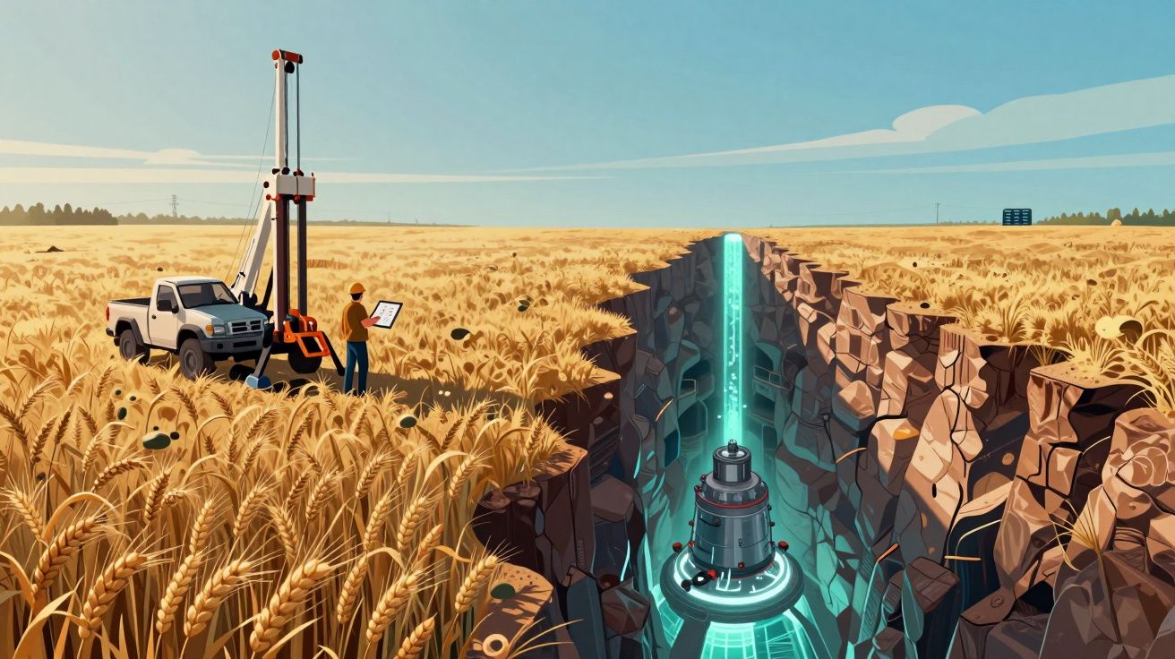 Campo de trigo com maquinário agrícola e um furo profundo no solo revelando tecnologia futurista submersa.