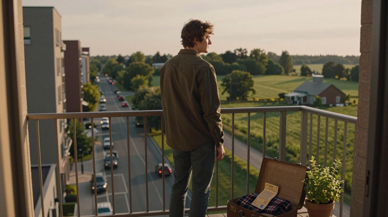 Jovem está de costas em varanda observando estrada com carros e campos verdes ao entardecer.