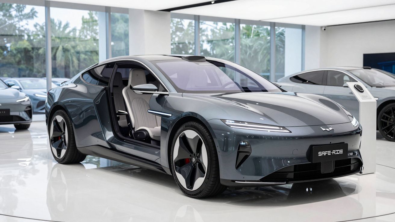 Carro elétrico cinza com porta aberta em showroom moderno e iluminação branca.