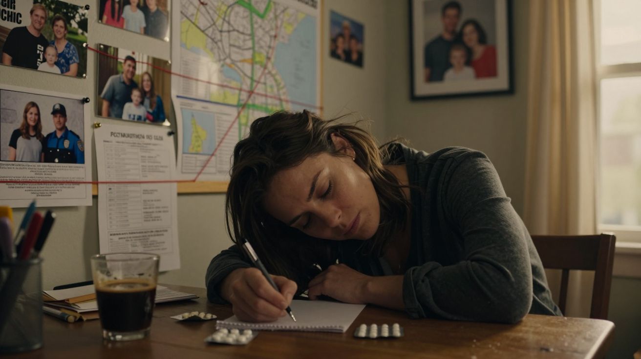 Mulher concentrada escrevendo em caderno em mesa com remédios, café e fotos em mural atrás dela.