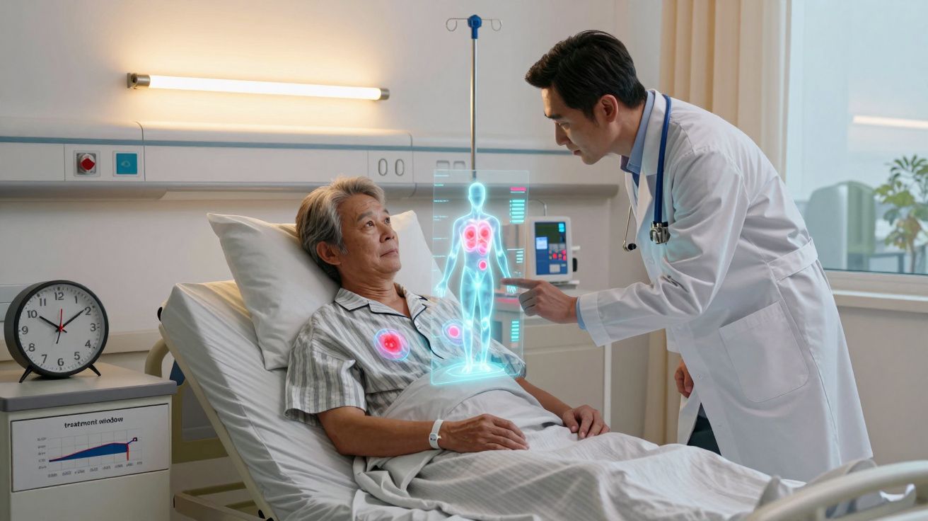 Médico analisando holograma de órgãos em paciente idoso internado em quarto de hospital moderno.