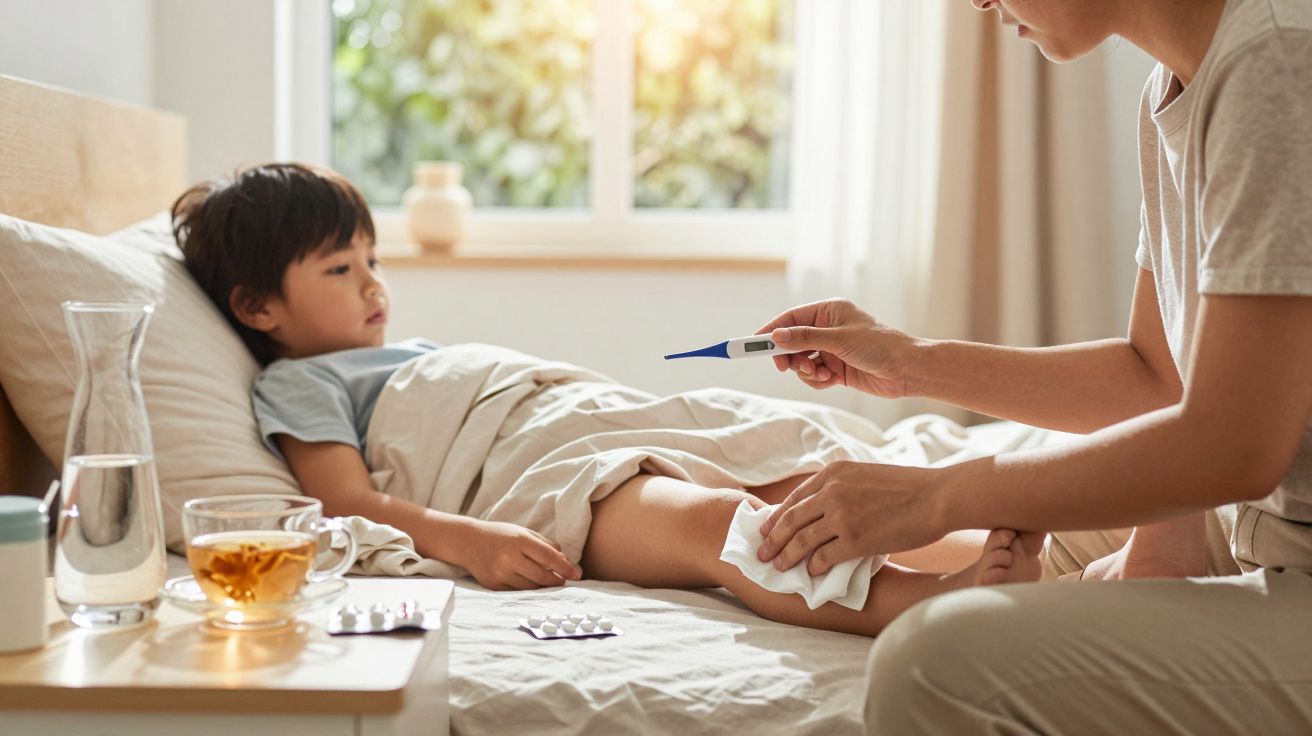 Criança deitada na cama sendo cuidada por adulto que segura termômetro e limpa seu joelho.