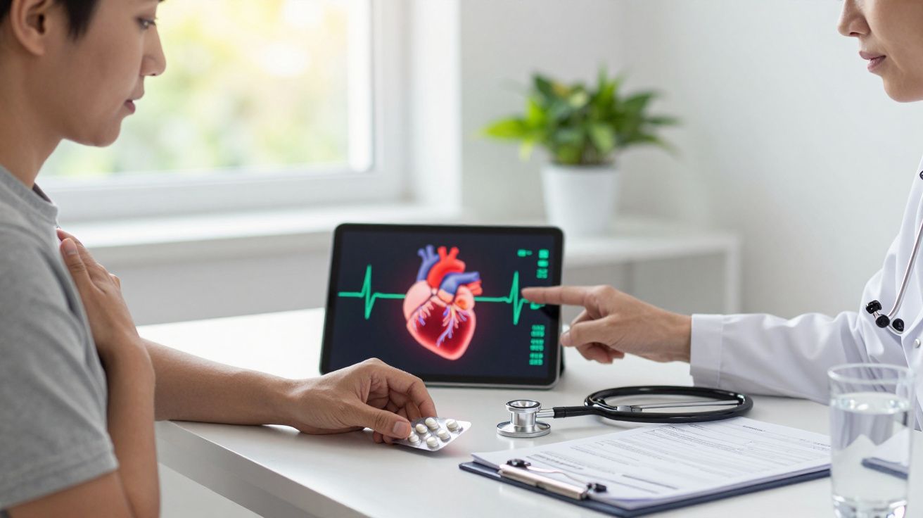 Paciente recebe explicação médica sobre coração em tablet, segurando remédios e com estetoscópio na mesa.