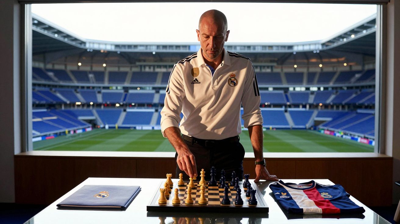 Homem com camisa branca do Real Madrid jogando xadrez em sala com vista para estádio de futebol vazio.