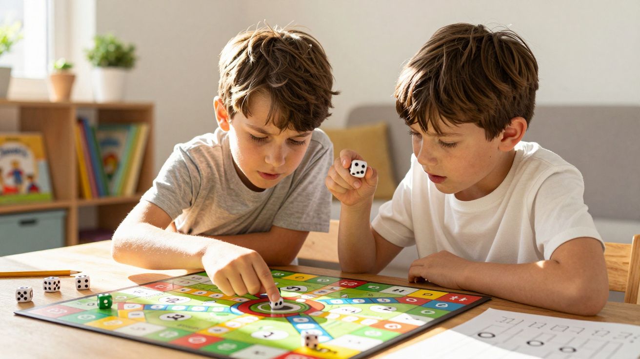 Duas crianças brincando de jogar dados em um jogo de tabuleiro colorido em uma mesa de madeira.