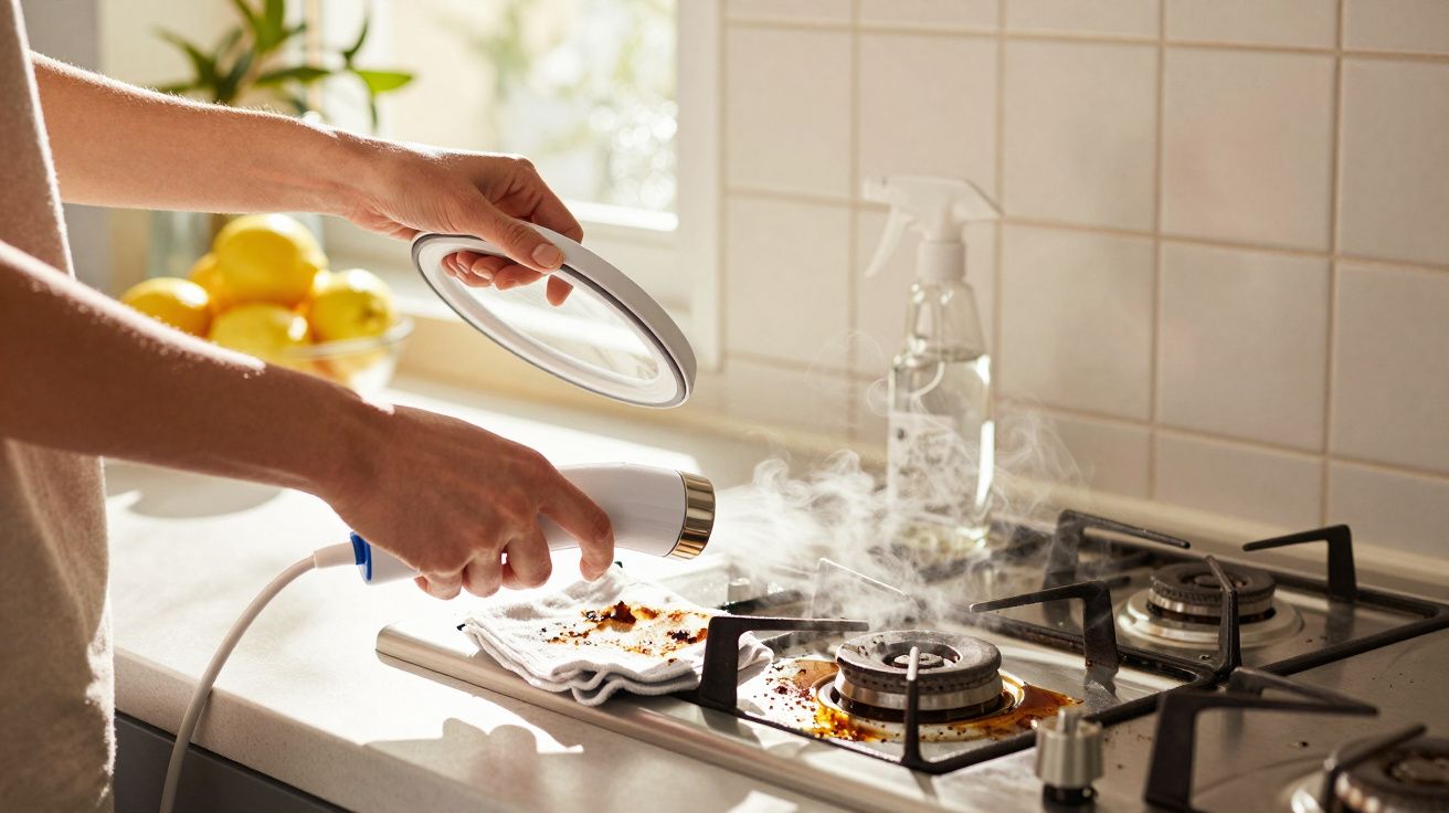 Pessoa usando secador de cabelo para limpar sujeira que está soltando fumaça no fogão.