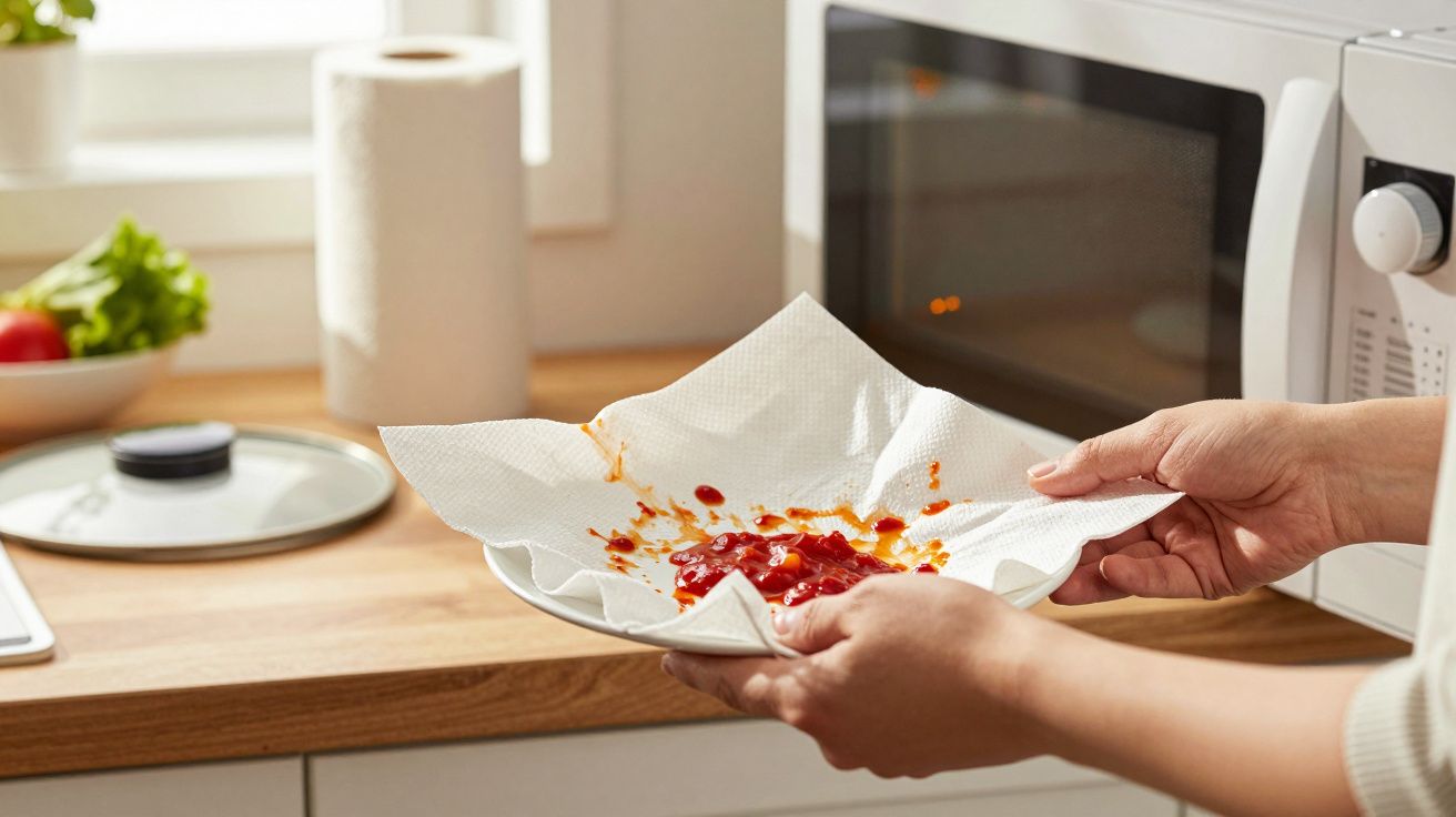 Pessoa retirando restos de comida de um prato com papel toalha próximo ao micro-ondas na cozinha.